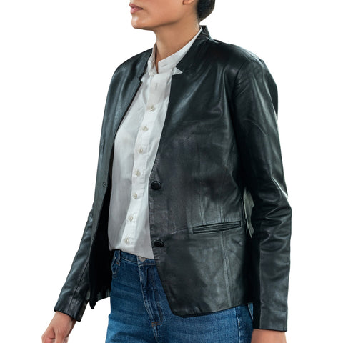 Mandarin Collar Genuine Leather Womens Coat