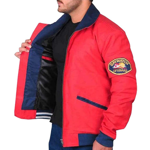 Mens Letterman David Hasselhoff Baywatch Lifeguard Beach Style Red Bomber Cotton Varsity Jacket