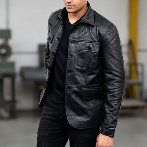 Men's 5-Buttons Lambskin Black Leather Coat