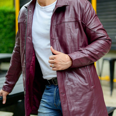 Jild 3/4 Length Trench Leather Car Coats for Men
