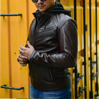 Jild Casual Hooded Vintage Leather Jacket Men with Removable Hood