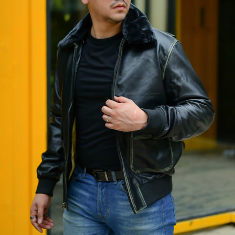 Navy G-1 Real Leather Bomber Jacket Men with Removable Fur Collar