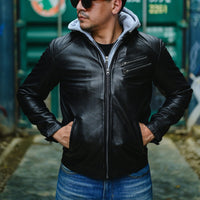 Jild Casual Hooded Vintage Leather Jacket Men with Removable Hood