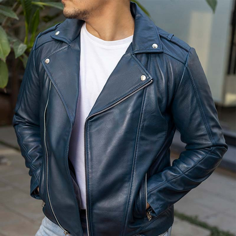 Biker Style Vintage Leather Jacket Men - Casual Fashion Asymmetric Zip-Up Cafe`Racer Waxed Lambskin Leather Motorcycle Jacket