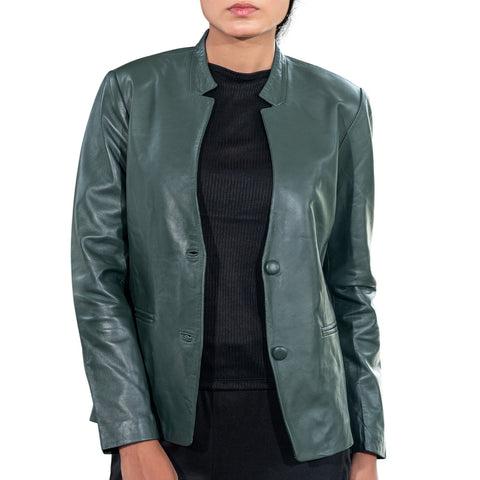 Mandarin Collar Genuine Leather Womens Coat