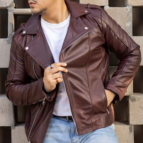 Biker Style Vintage Leather Jacket Men - Casual Fashion Asymmetric Zip-Up Cafe`Racer Waxed Lambskin Leather Motorcycle Jacket