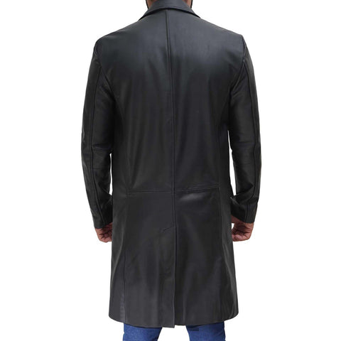 Mens Classic Black Cowhide Leather Trench Coat