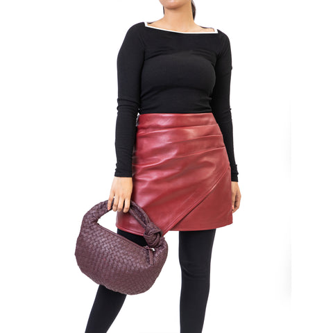 Pleated Ruched Wrap High Waisted Womens Real Leather Skirt