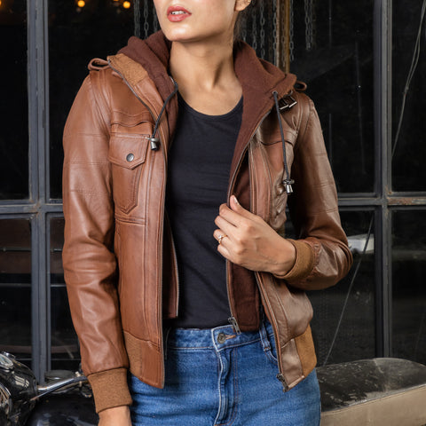 Womens Removable Hooded Leather Jacket