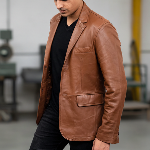 Men's 2-Buttons Lambskin Cognac Leather Blazer