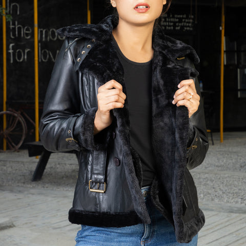 Women’s Black Double Breasted Real Shearling Leather Jacket