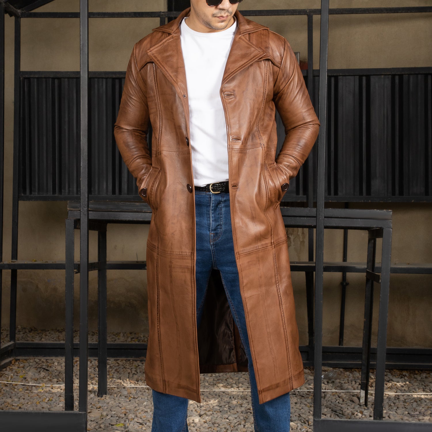 Men's Blue Waxed Real Leather Car Coat | 3/4 Length Coat