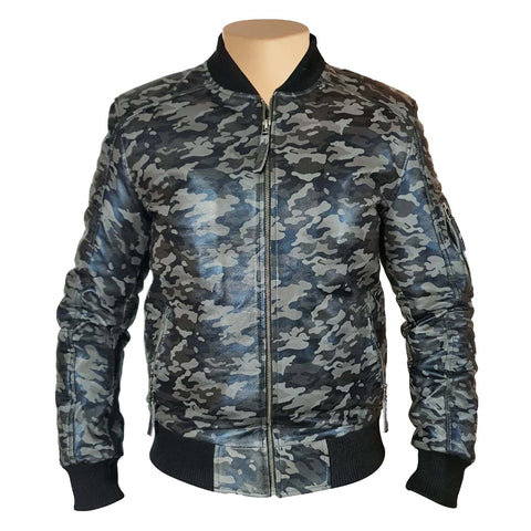 Mens Bomber Military Print Grey Camouflage Leather Jacket