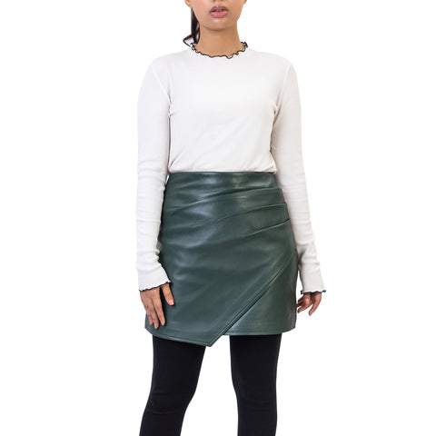 Pleated Ruched Wrap High Waisted Womens Real Leather Skirt