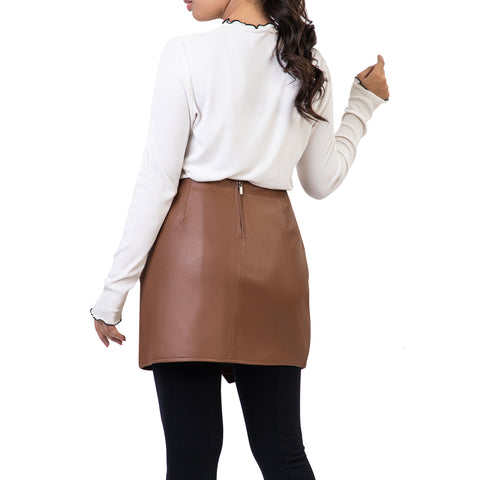 Pleated Ruched Wrap High Waisted Womens Real Leather Skirt