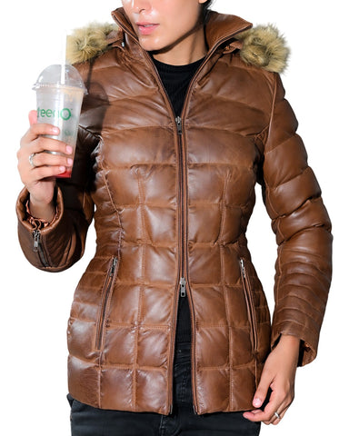 Women's Leather Puffer Jacket