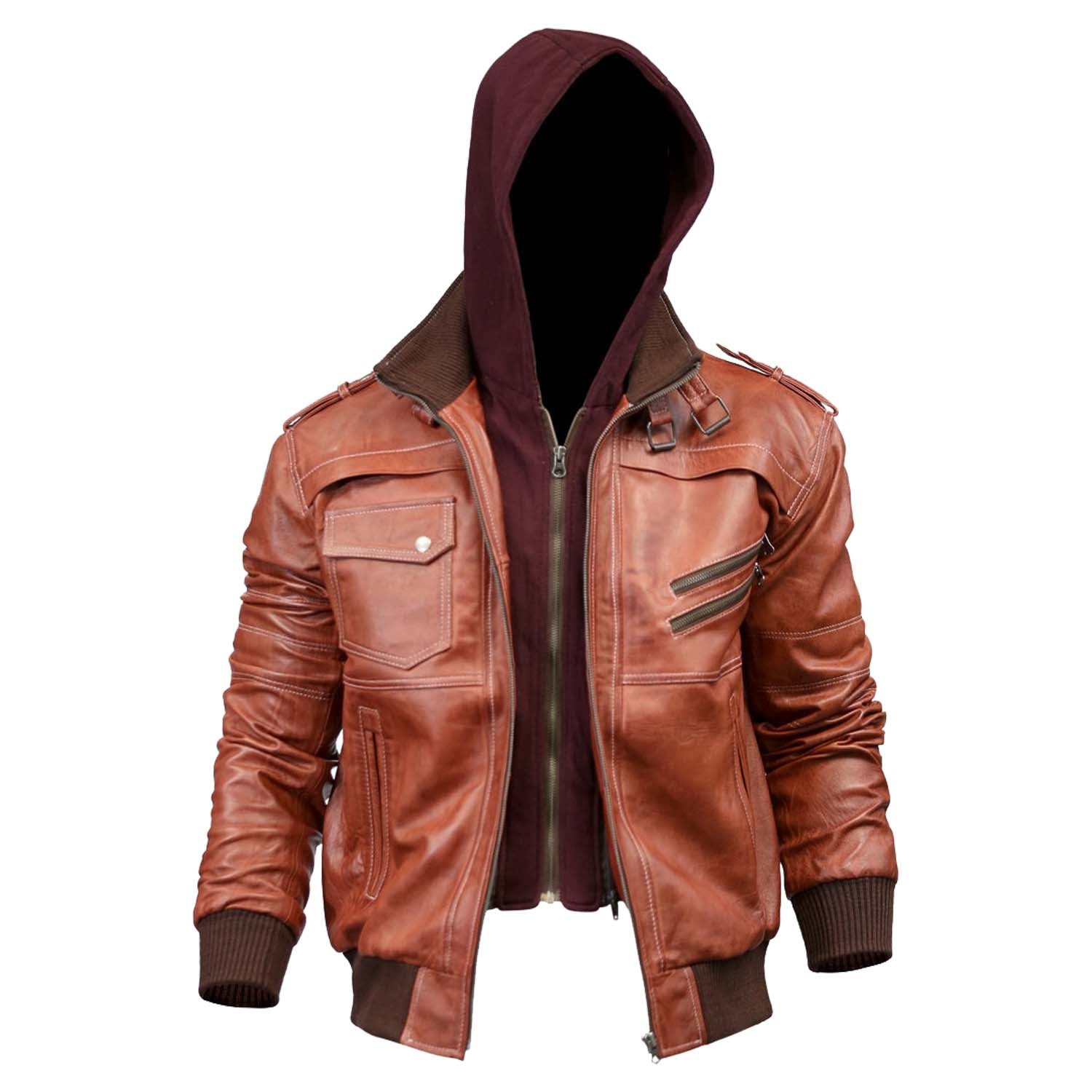 Mens Hooded Bomber Tan Vax Leather Jacket
