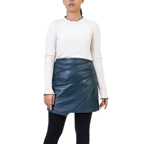 Pleated Ruched Wrap High Waisted Womens Real Leather Skirt