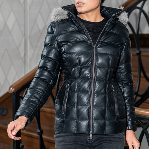 Women's Leather Puffer Jacket