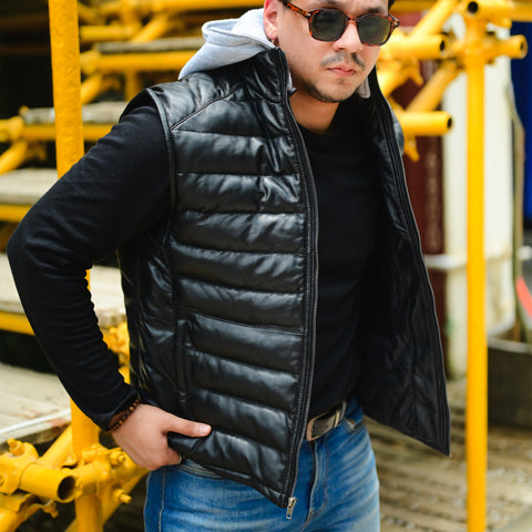 Jild Leather Puffer Vest with Removable Hood