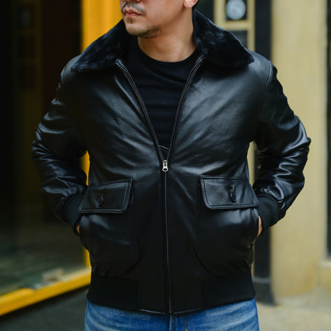 Navy G-1 Real Leather Bomber Jacket Men with Removable Fur Collar