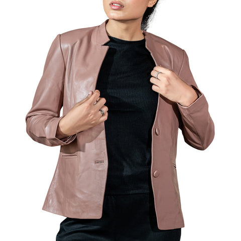 Mandarin Collar Genuine Leather Womens Coat