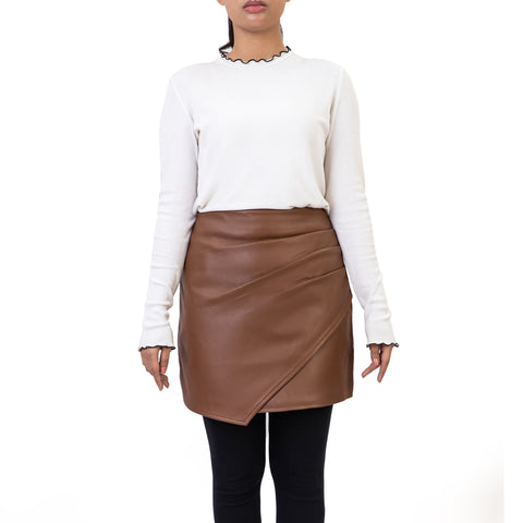 Pleated Ruched Wrap High Waisted Womens Real Leather Skirt