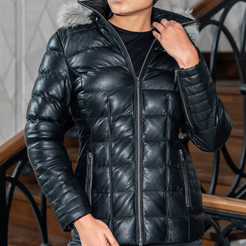 Women's Leather Puffer Jacket