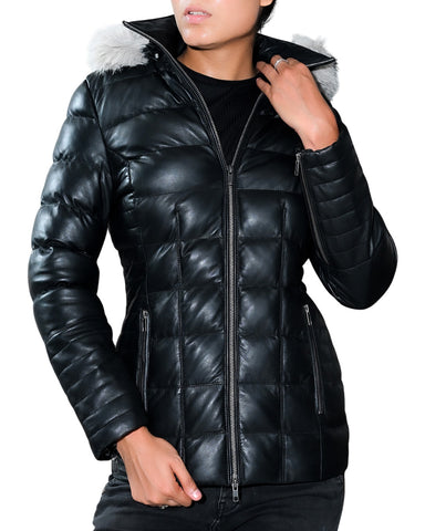 Women's Leather Puffer Jacket