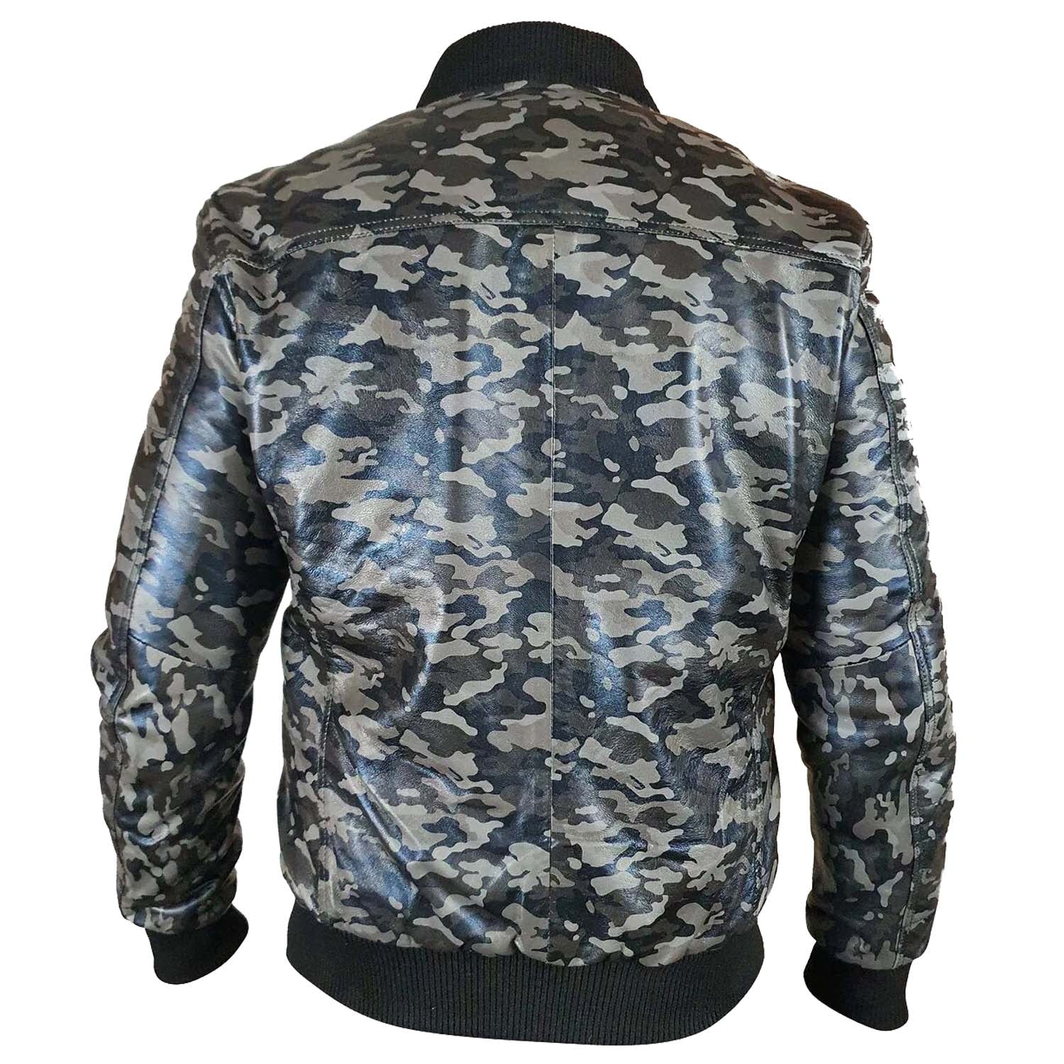 Men's Bomber Military Print Grey Camouflage Leather Jacket