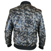 Mens Bomber Military Print Grey Camouflage Leather Jacket