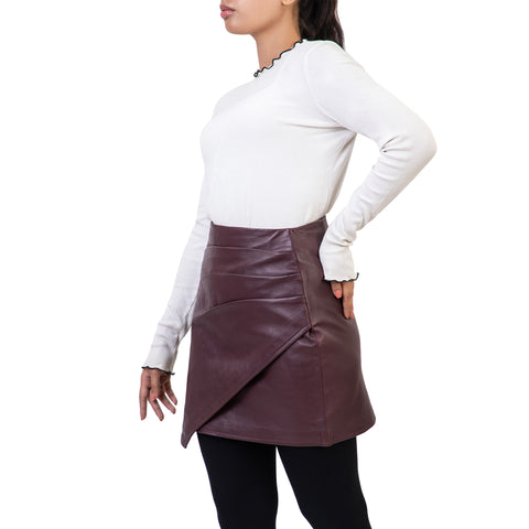 Pleated Ruched Wrap High Waisted Womens Real Leather Skirt