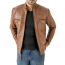 Men’s Vintage Brown Diamond Lambskin Waxed Leather Biker Jacket