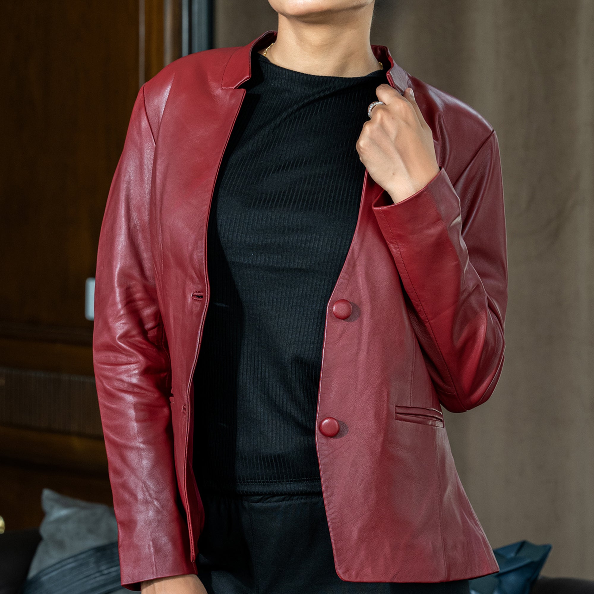 Mandarin Collar Genuine Leather Womens Coat