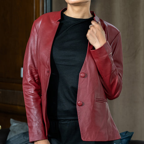 Mandarin Collar Genuine Leather Womens Coat