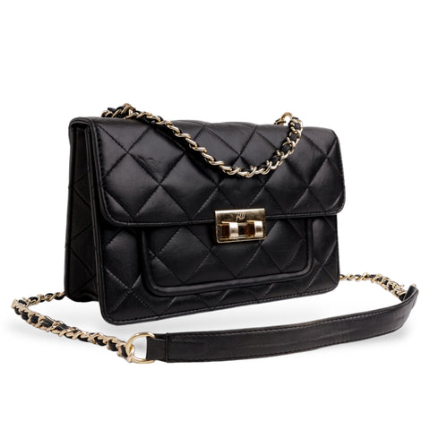 Flora Quilted Crossbody Leather Bag - Black