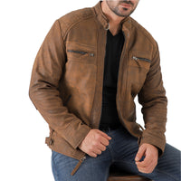 Men’s Vintage Brown Diamond Lambskin Waxed Leather Biker Jacket