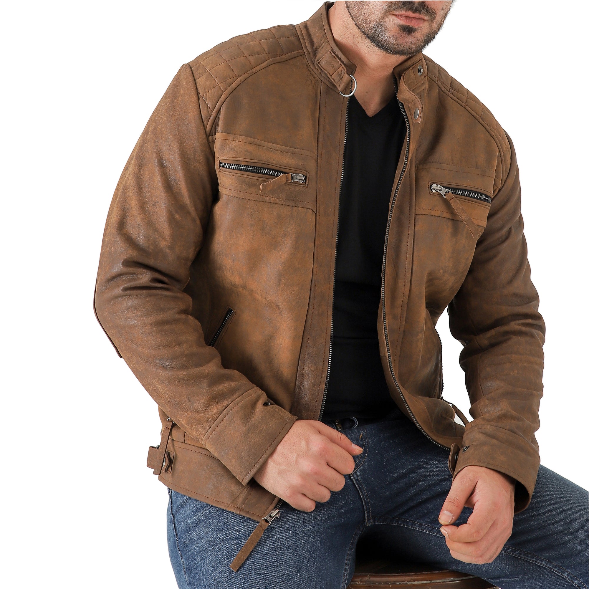 Men’s Vintage Brown Diamond Lambskin Waxed Leather Biker Jacket