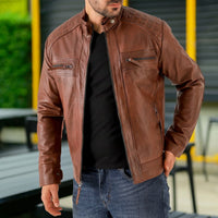 Men’s Vintage Brown Diamond Lambskin Waxed Leather Biker Jacket