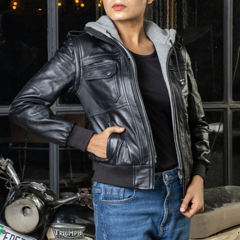 Womens Removable Hooded Leather Jacket