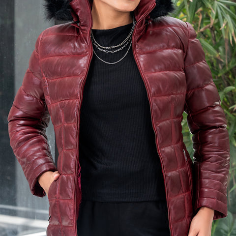 Women's Leather Puffer Jacket