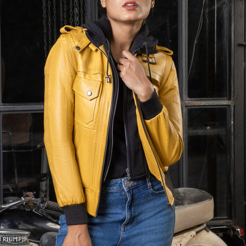 Womens Removable Hooded Leather Jacket