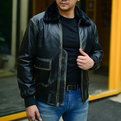 Navy G-1 Real Leather Bomber Jacket Men with Removable Fur Collar