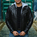 Jild Casual Hooded Vintage Leather Jacket Men with Removable Hood