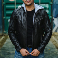 Jild Casual Hooded Vintage Leather Jacket Men with Removable Hood