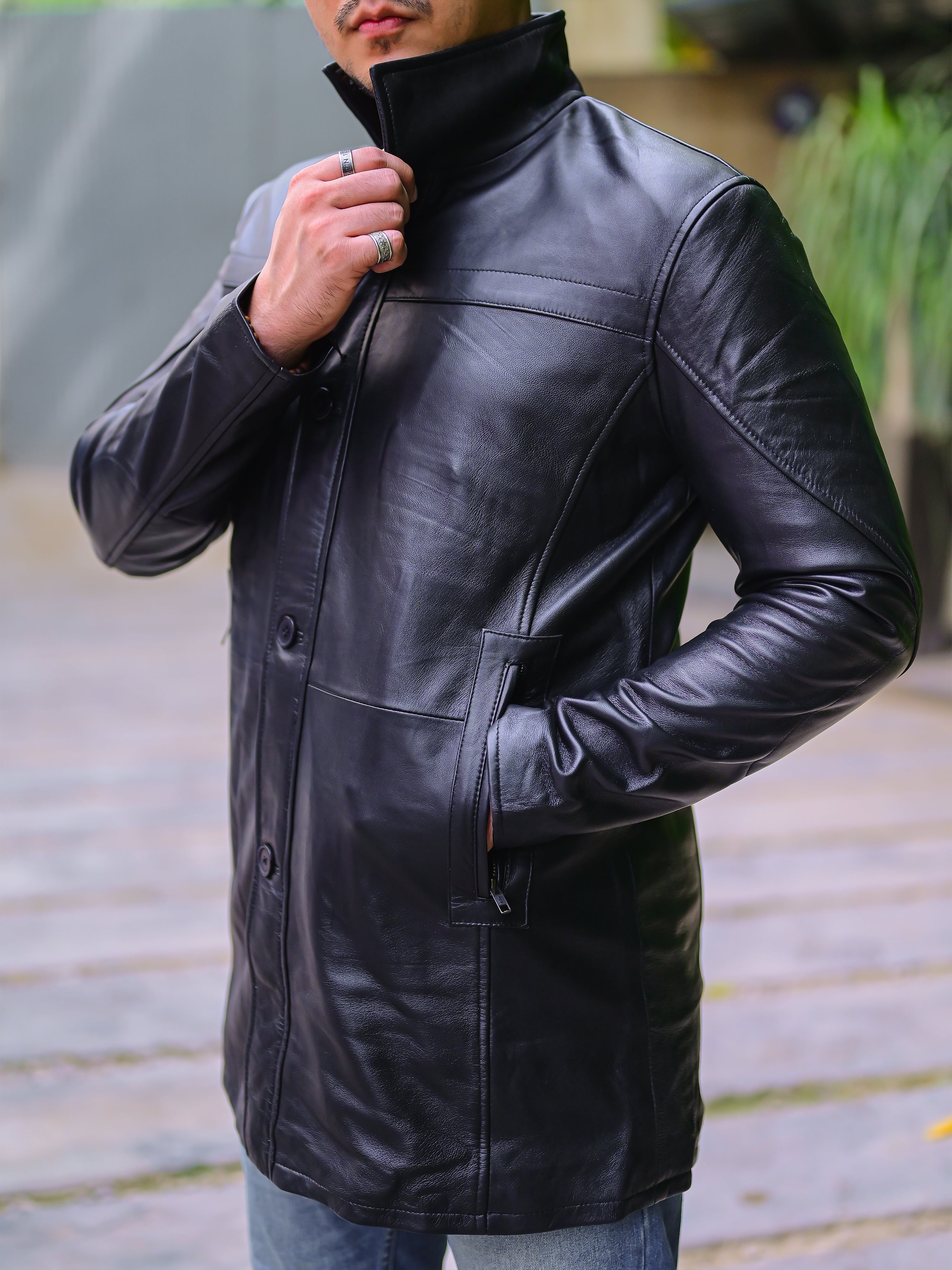 Leather Jacket Men Jild Men's 3/4 Length Lambskin Leather Trench