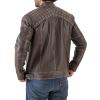 Men’s Vintage Brown Diamond Lambskin Waxed Leather Biker Jacket