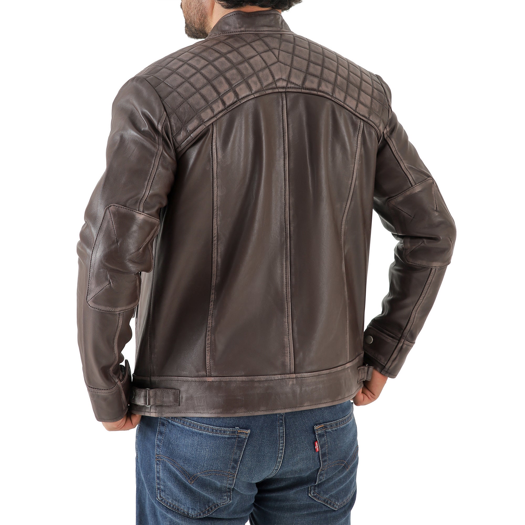 Men’s Vintage Brown Diamond Lambskin Waxed Leather Biker Jacket
