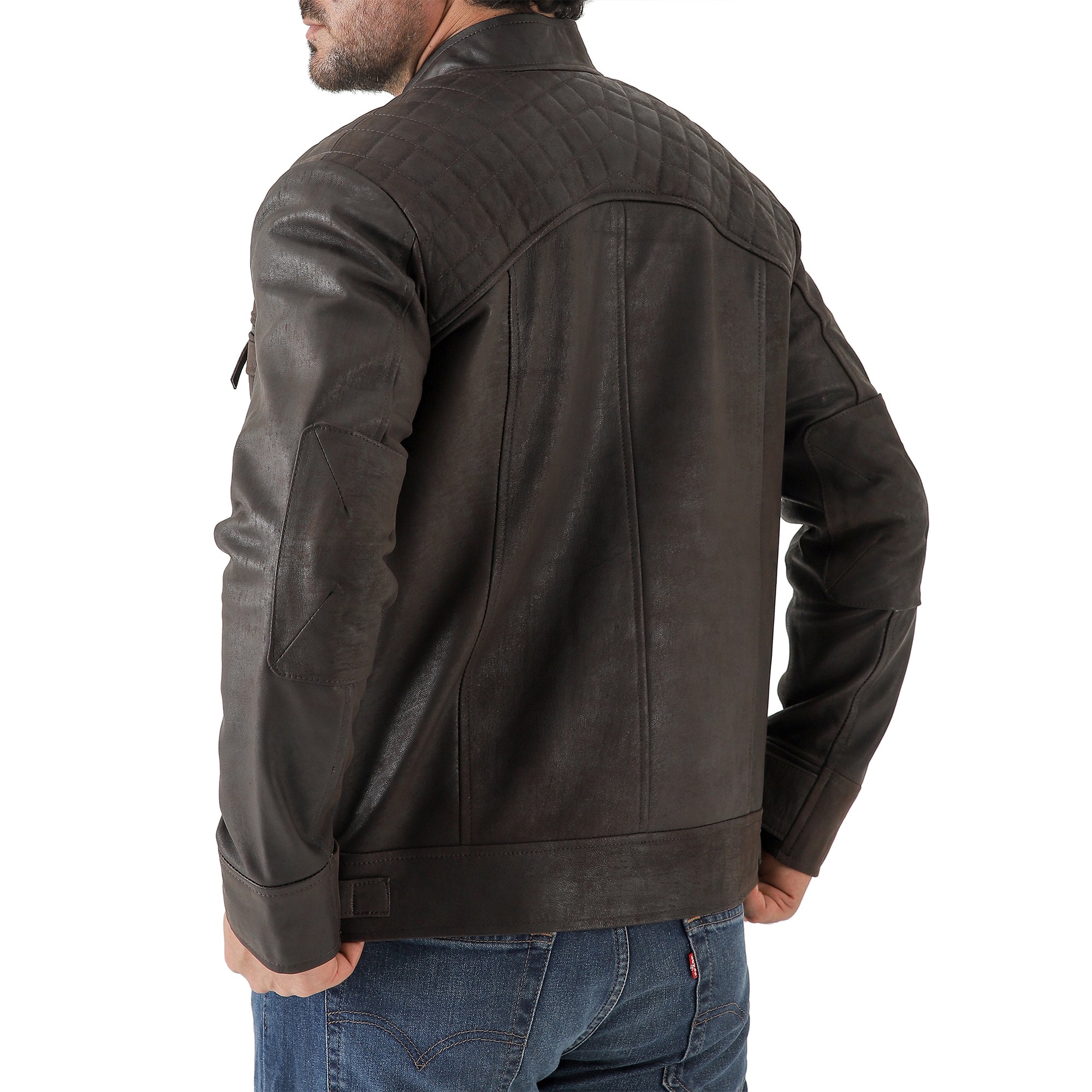 Men’s Vintage Brown Diamond Lambskin Waxed Leather Biker Jacket