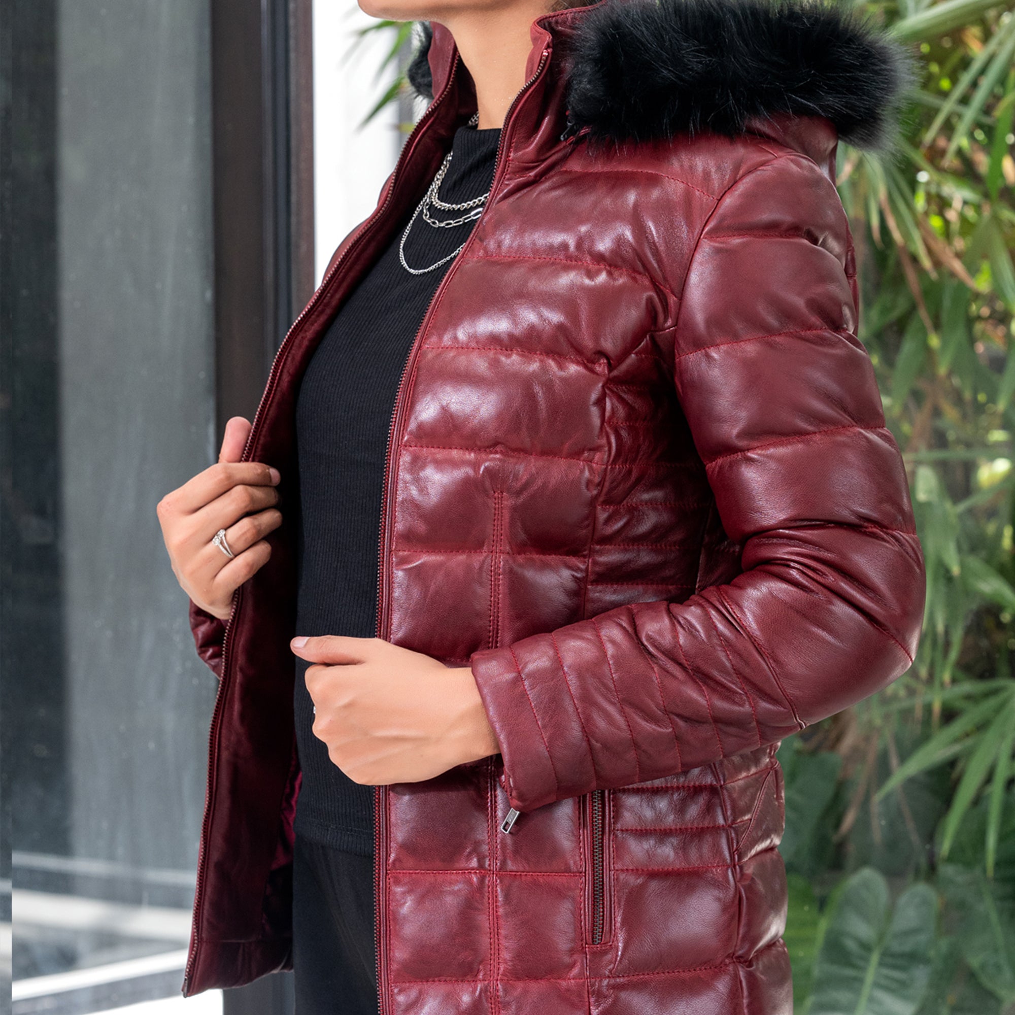 Women's Leather Puffer Jacket